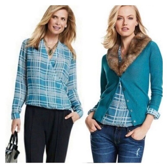 CAbi Windowpane Plaid Print Surplice Faux Wrap Blouse Blue/White #3068 Size XS - Picture 2 of 6